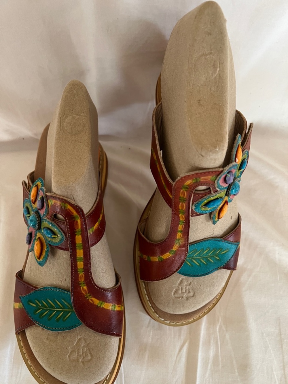 Women's Brown Leather Sandals with Teal Floral Accents